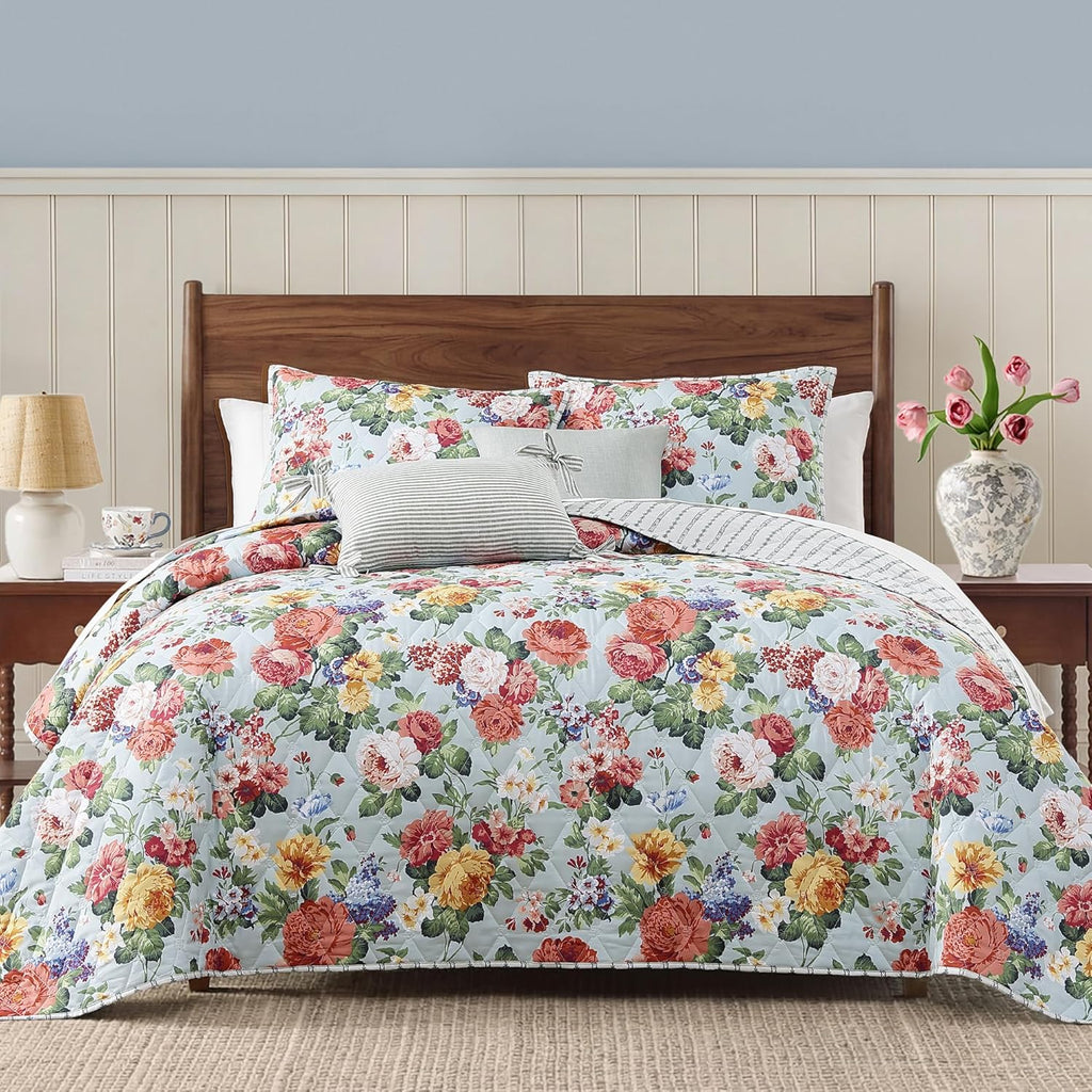Floral Quilt Set Queen, 3 Piece Reversible Lightweight Soft Bedspread Coverlet, Garden Farmhouse Botanical Diamond