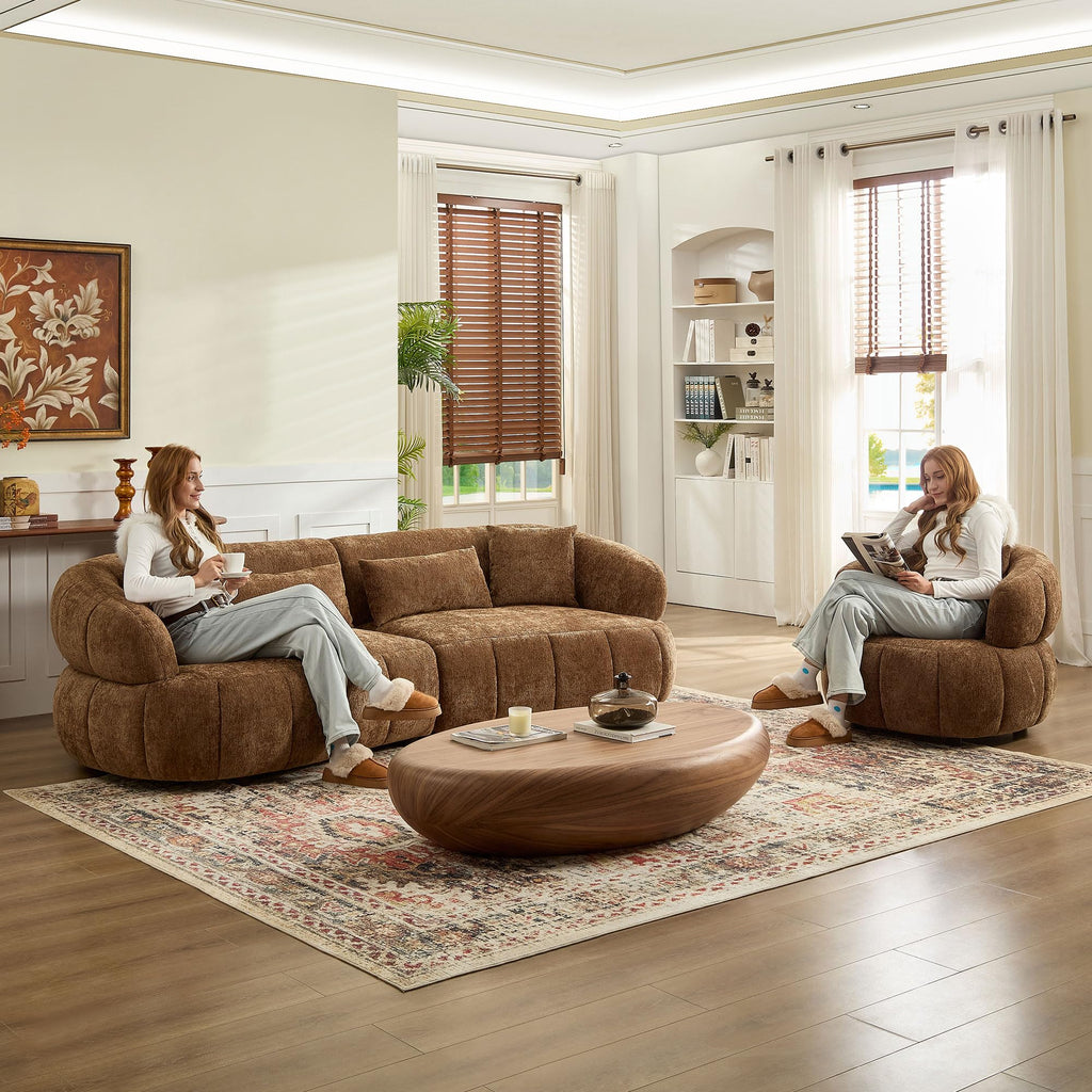 Curved Sectional Sofa, 103", 4-Seat, High-Density Foam, Sculptural, Brown