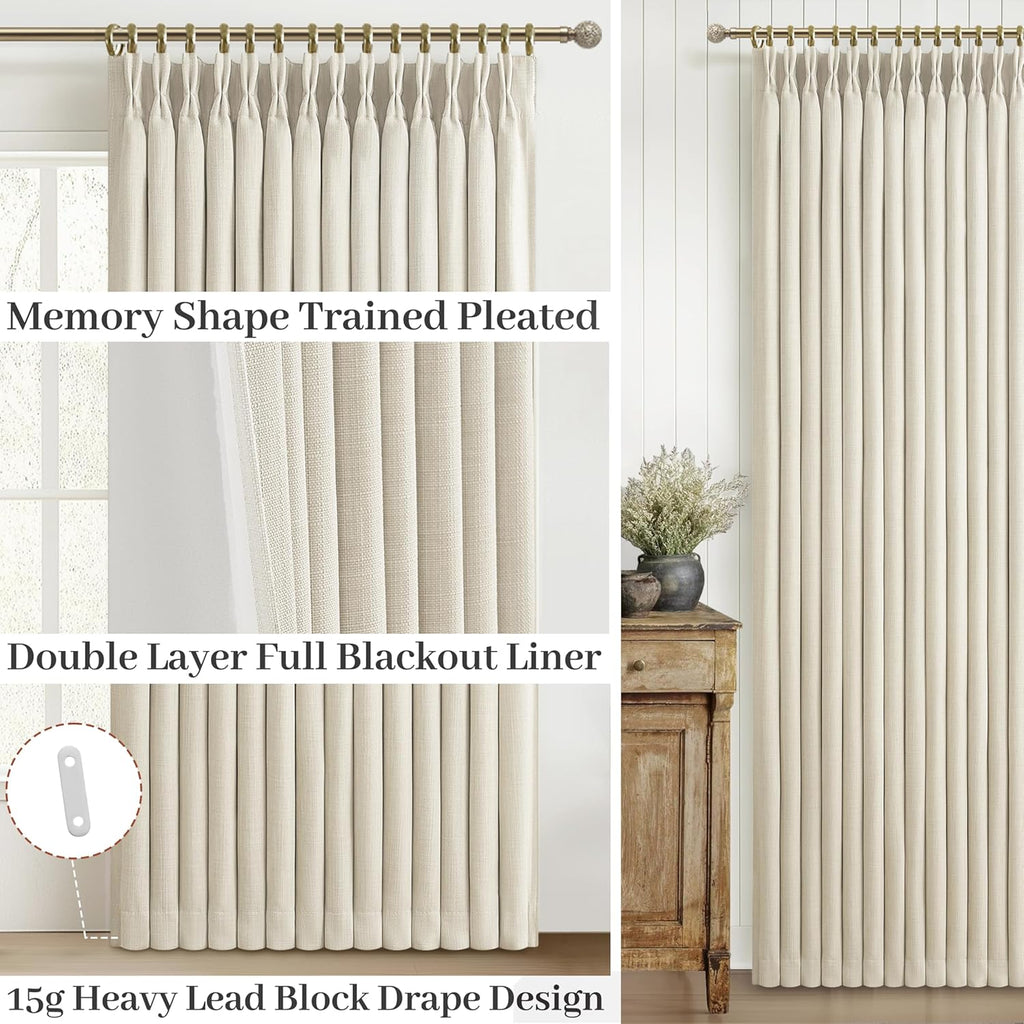 Thick Linen Sand Beige Black Out Curtains 96 Inch Long, Elegant Pinch Pleated Room Darkening Cream Curtain & Drapes