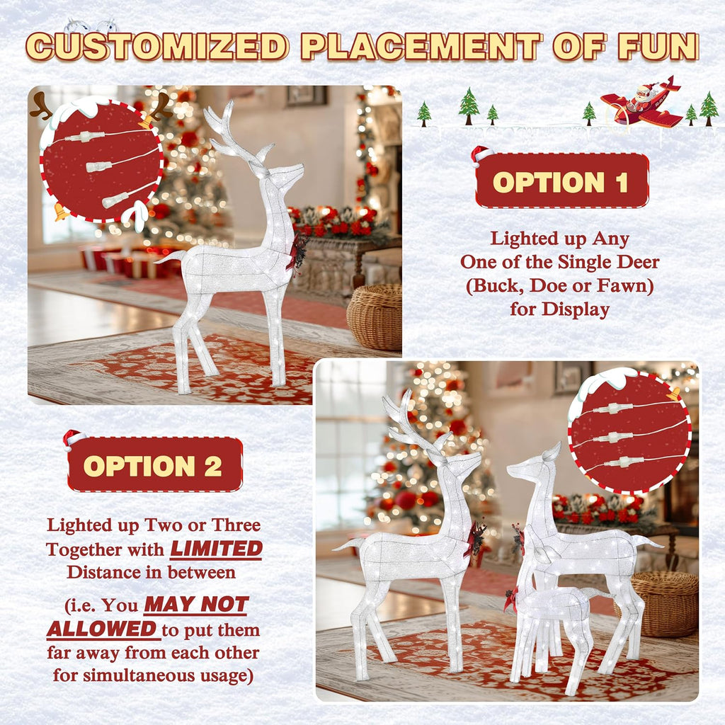 4.5FT Lighted Reindeer Family Set for Christmas Decoration, 3-Piece Pre-Lit Iridescent Deer Xmas Decor with 200 LED