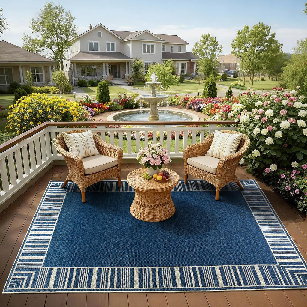 Striped Border Outdoor Rug 4x6, Washable Indoor Outdoor Patio Area Rugs for Balcony Backyard Non Slip, Modern Classic