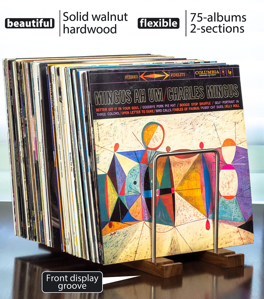 Vinyl Record Storage Holder, 75 LPs, Solid Walnut & Steel