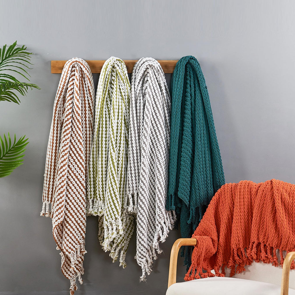 Striped Knit Throw Blanket with Braided Tassels 50" x 60", Hand Knitted Soft Chunky Chain Design Boho Farmhouse