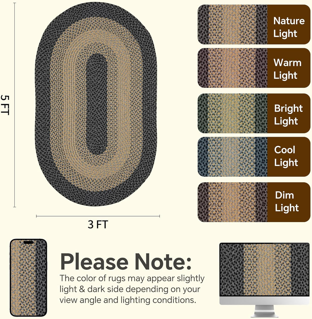3x5 Oval Braided Area Rug, Brown Black Farmhouse Kitchen Mat | Anti-Slip PP Country Rope Rug, Entryway Porch Deck