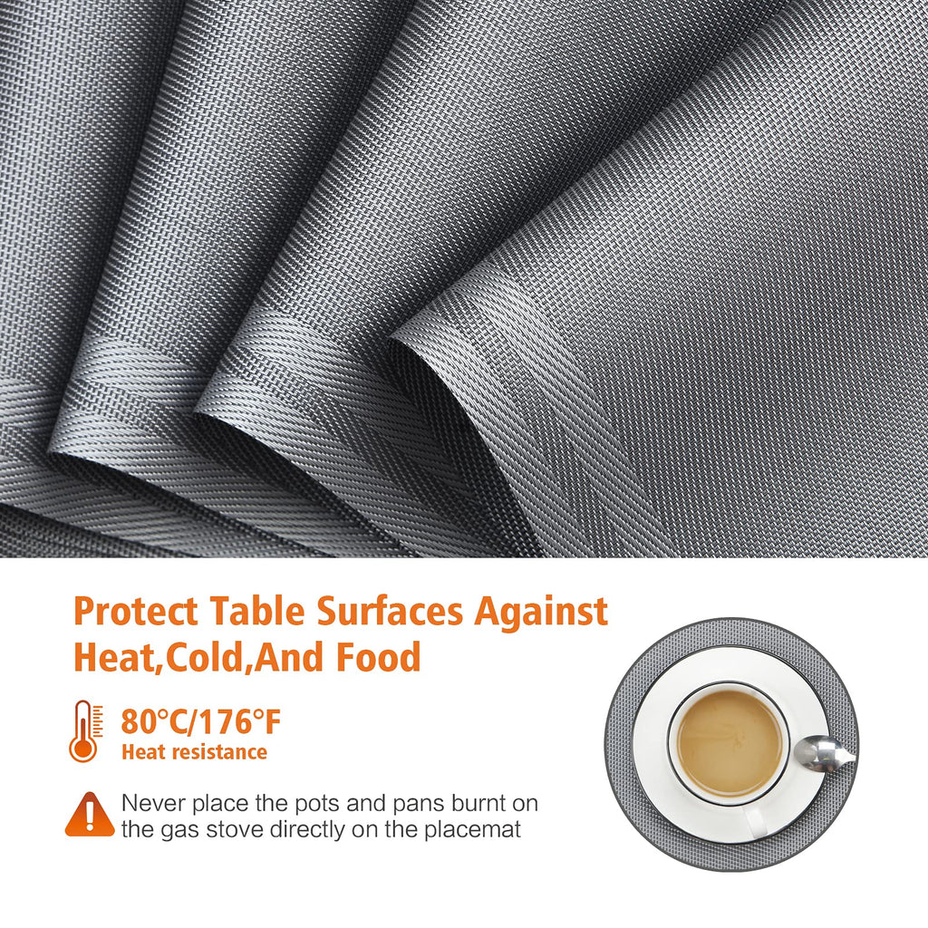Gray Vinyl Placemats Set of 8,Washable Dining PVC Table Mats