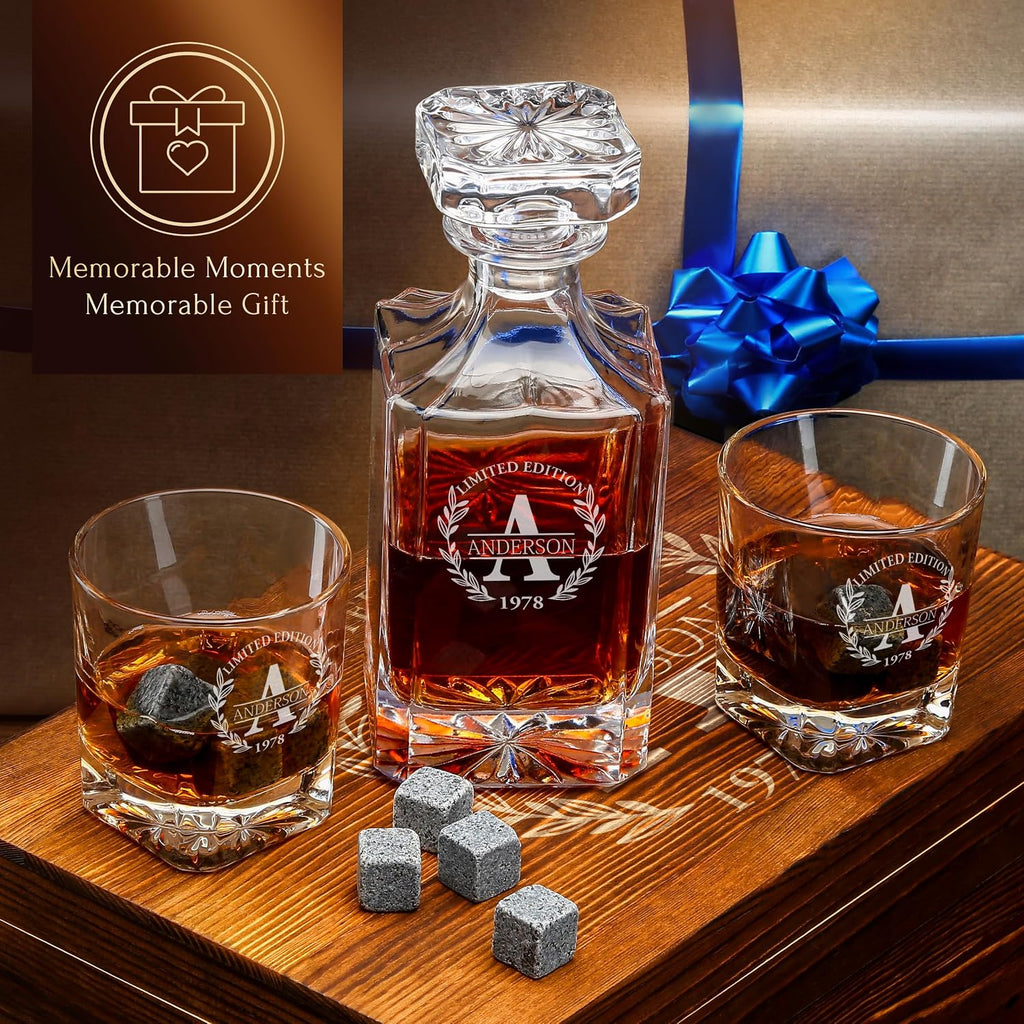 Personalized Old Fashioned Whiskey Decanter and Stones Set - Set of 18
