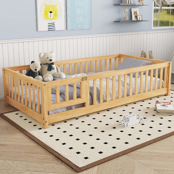 Slats and Safety Guardrail, Wood Twin Size Montessori Floor Bed with Door and Fence, Easy Assemble Montessori