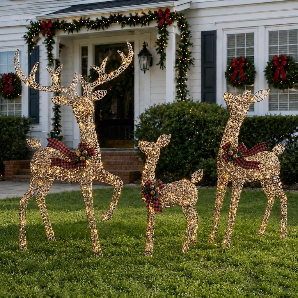 4.83FT 3-Piece Large Lighted Christmas Deer Family Set Rattan