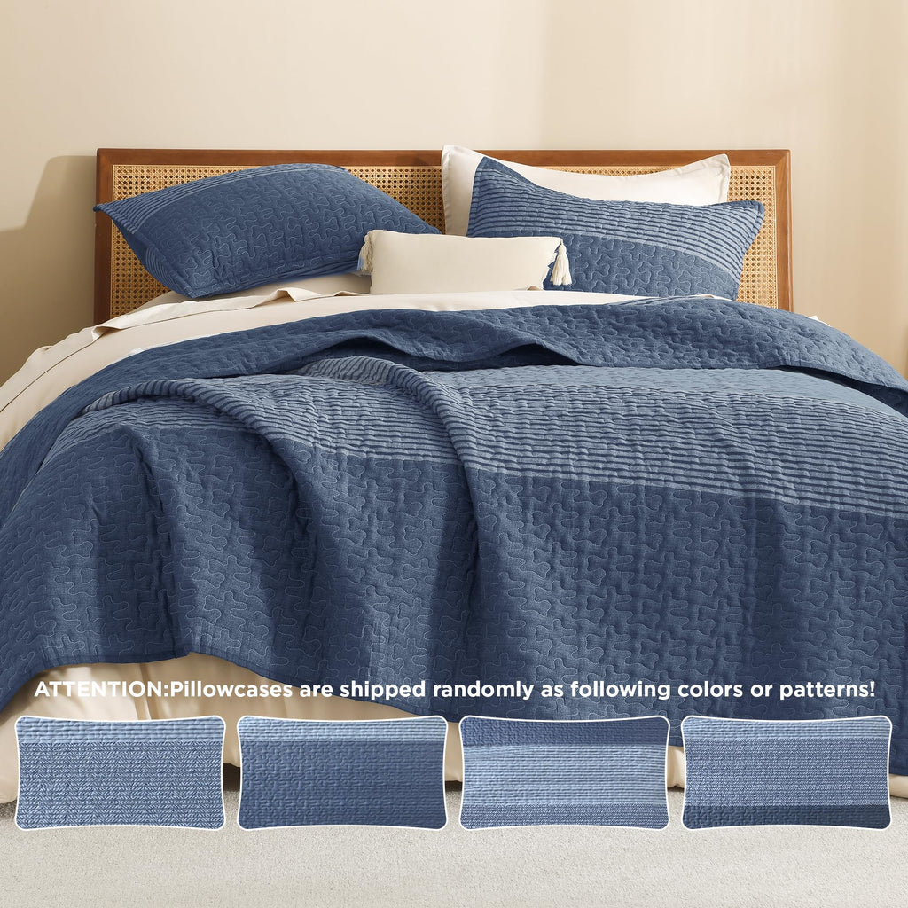 Oversized Queen Quilt, 3 Pcs Sapphire Blue Stripe Bedding Set