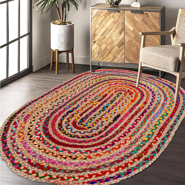 Oval Jute Cotton Chindi Rug 3x5 FT Multicolor Braided Floor Mat