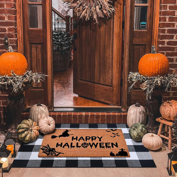 Halloween Decor Doormat Combo Set, 100 Percent Coco Coir Welcome Mat + 28X43 Inches Black and White Plaid Rug