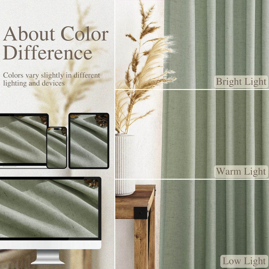 Extra Long Desert Sage Linen Curtains 120 Inch 2 Panels Set Rod Pocket Back Tab Light Filtering Semi Sheer Linen