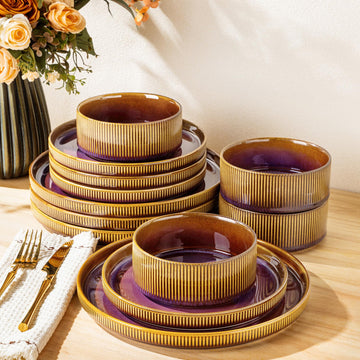 Ceramic Dinnerware Set for 4, 12-Piece Plates and Bowls Set
