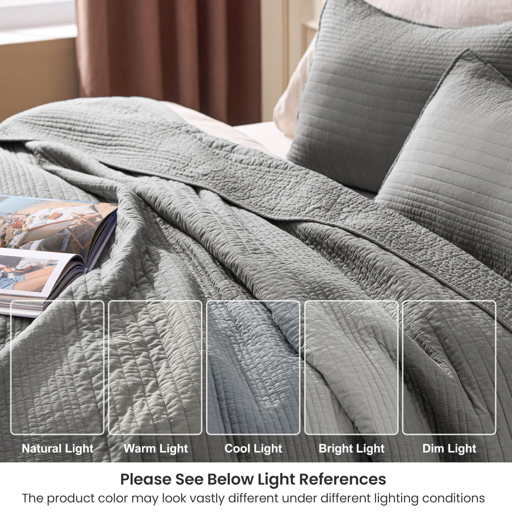 Cotton Quilt Set, 100% Cotton Fabric Striped Textured Coverlet with Crinkled Look, Lightweight Quilted