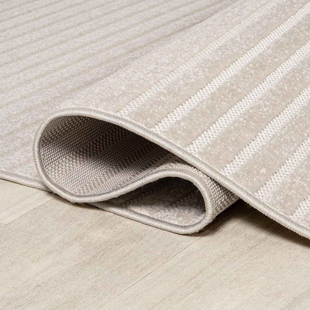 Aarhus High-Low Striped Ivory/Cream Indoor/Outdoor Area Rug 8x10, Minimalist Geometric, Classic, Farmhouse, Cottage