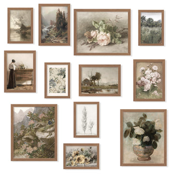 Vintage French Country Wall Art, 12 Prints, Brown Frame