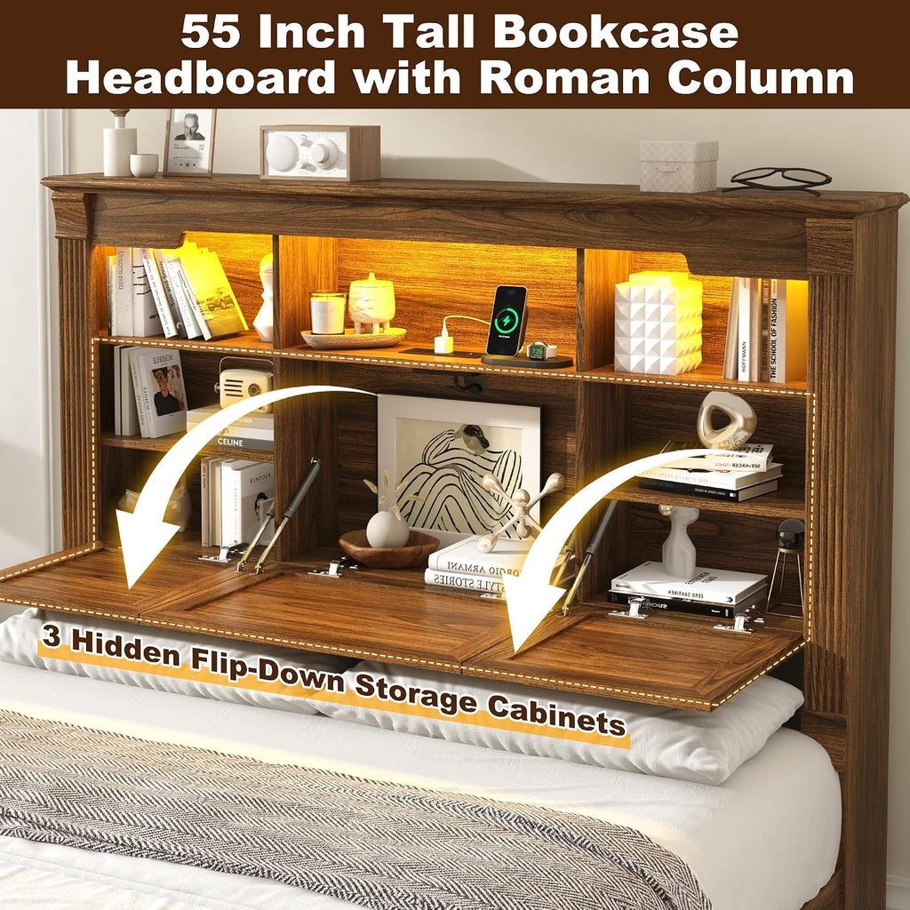 Farmhouse Queen Bed Frame with 55" Tall Storage Headboard & 4 Drawers, Wood Roman Column Platform Bed Frame with 24"