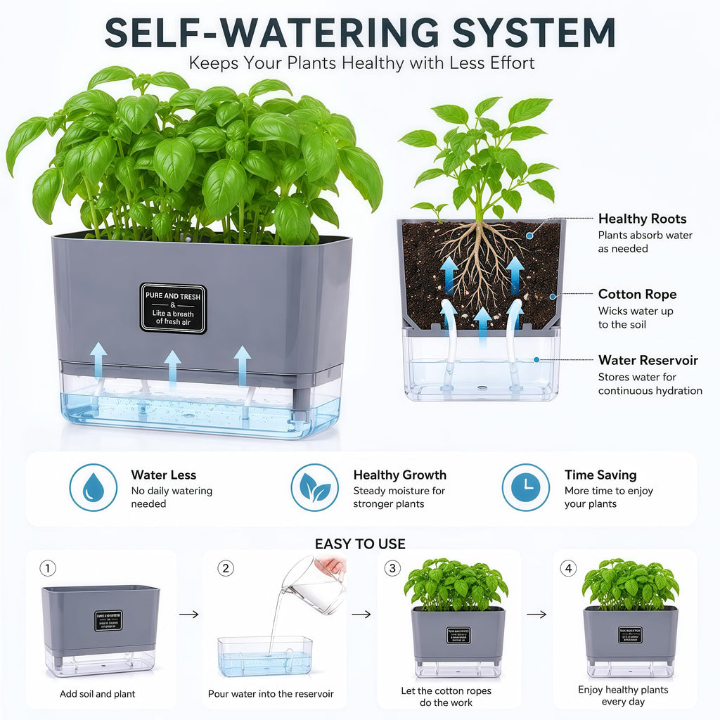 Self Watering Planters 4 Pack, 7 Inch Rectangle Plant Pots with Visible Water Reservoir, Indoor Outdoor Herb Planter