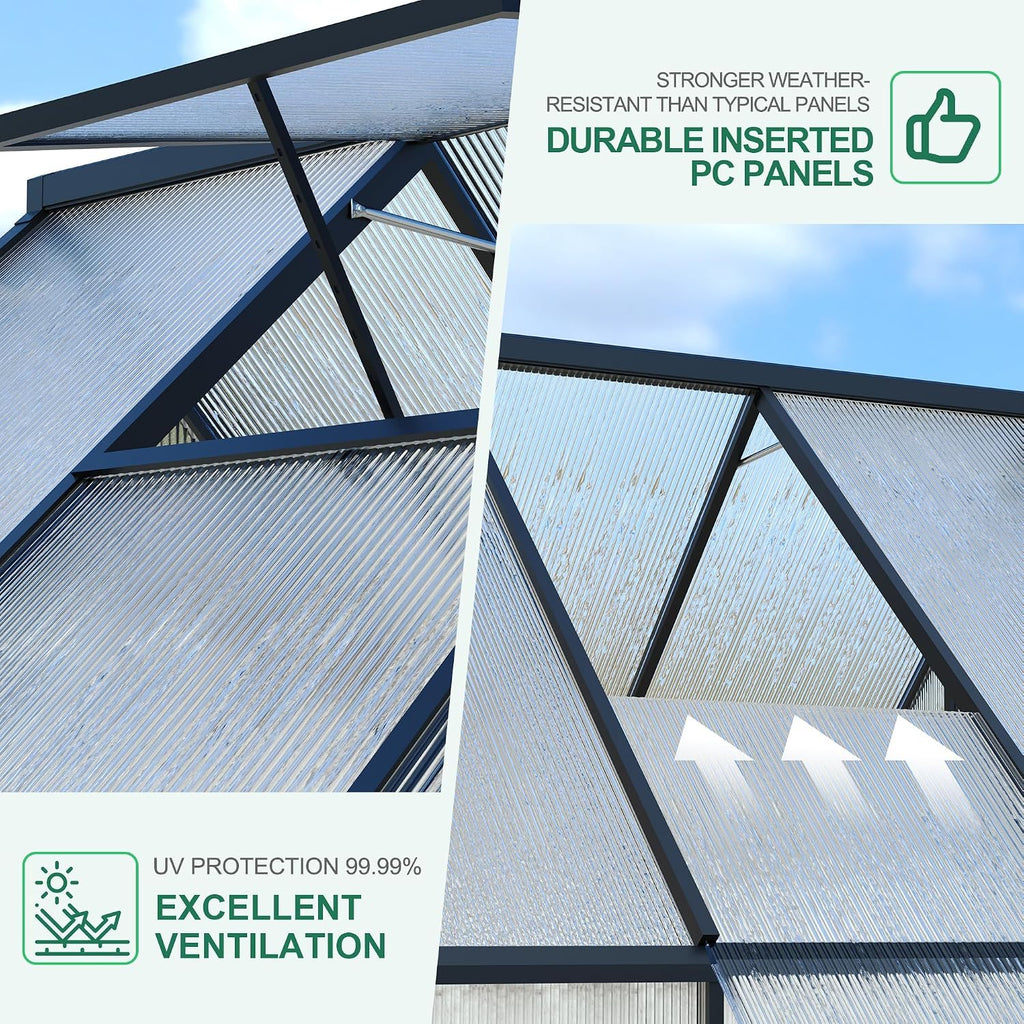 6 x 11 ft Outdoor Polycarbonate Greenhouse Kit, Heavy Duty Greenhouse with Reinforced Aluminum Frame, Adjustable Roof