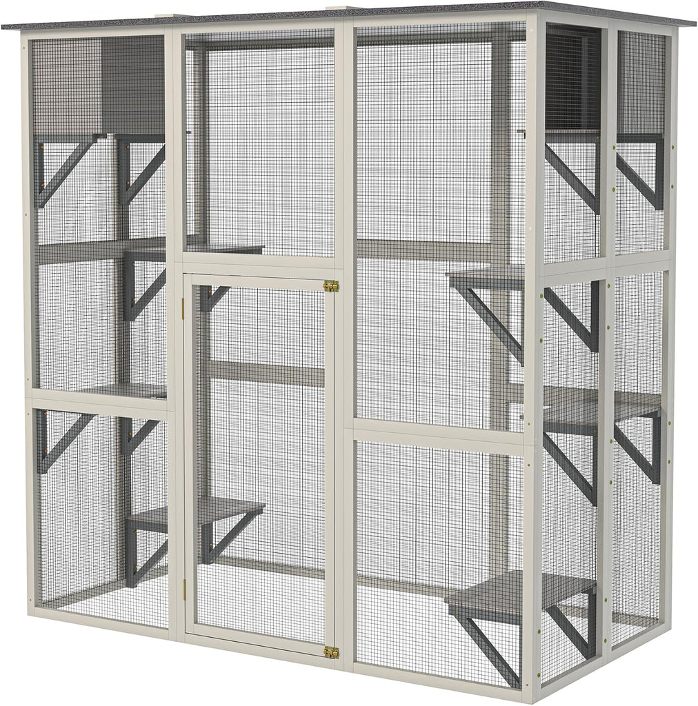 Gray Wooden Outdoor Catio Cat Enclosure with Weatherproof Asphalt Roof, Large Walk-in Cat House with 6 Platforms & 2
