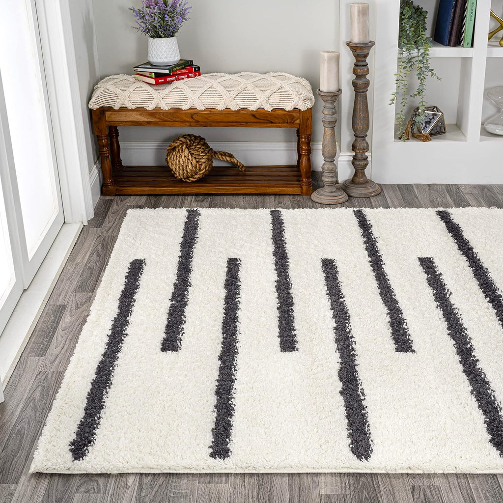 Alaro Berber Stripe Shag White/Gray Indoor Area Rug, Bohemian, Contemporary, Easy-Cleaning, Pet Friendly