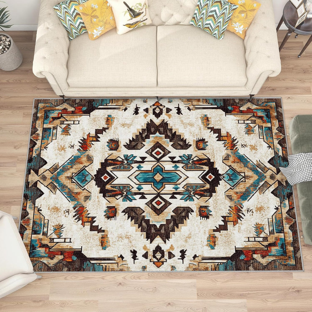 Aztec Rugs - Rug, Native American Area Rug, Tribal Geometric Washable Non Slip Soft Rugs, Boho Southwestern