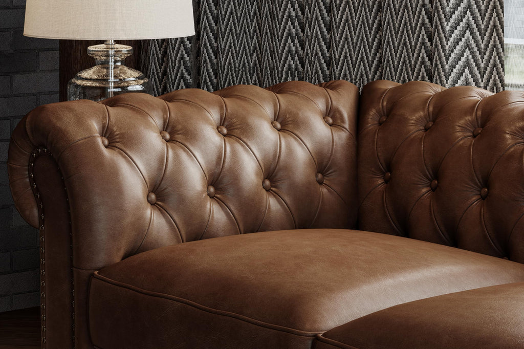 Parma Chesterfield 3 Seater Sofa 82" | Full Leather | Mid-Century Leather Couch with Classic Button Tufted Back, Wood