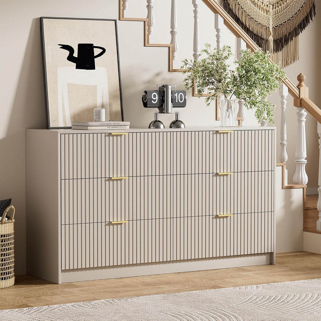 Beige Dresser , Modern Dresser with 6 Drawers and Smooth Slides, Wide Chest of Drawers with Golden Handles , Closet