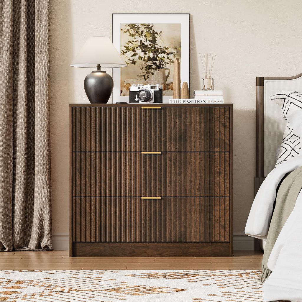 Fluted 3 Drawer Dresser, 31.5" Wide Chest of Drawers, Walnut