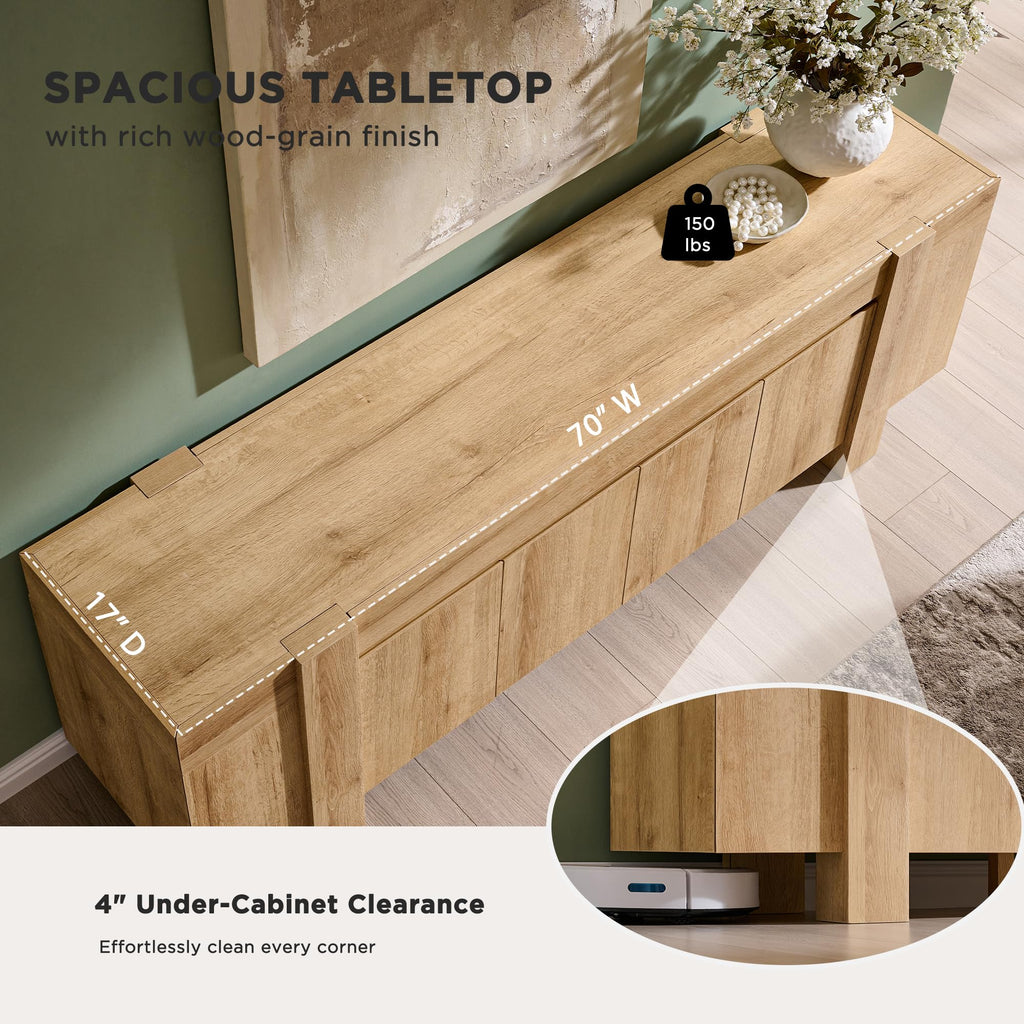 70" Modern Farmhouse TV Stand for TVs up to 80 Inch, Natural Oak