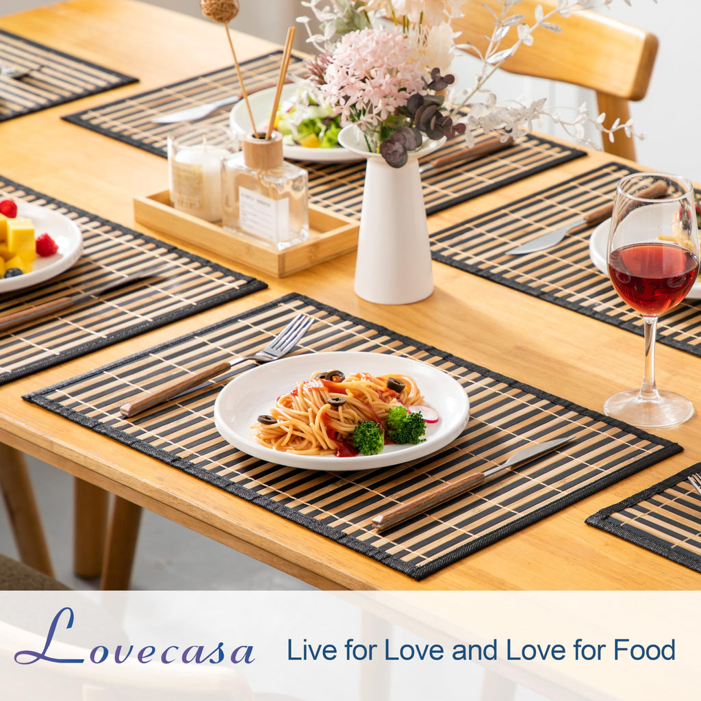 Placemats Set of 6, Bamboo Table Mats Set with Leaf Pattern, 18'' × 12'' Woven Placemat, Washable Heat-Resistant