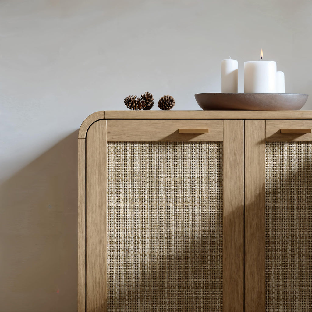 67" Rattan Sideboard Buffet Cabinet with Storage, Natural Oak