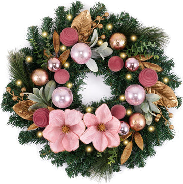 24" Magnolia Christmas Wreath for Front Door with Lights