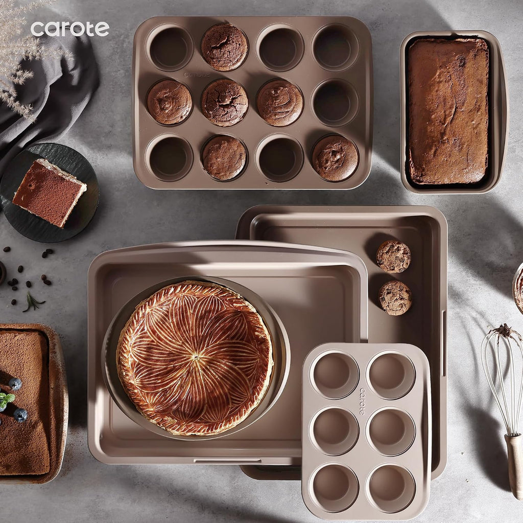 7-Piece Pans Set, Nonstick Bakeware Sets, Gray & Khaki | Cookie Sheets, Muffin, Bread, Cake, Loaf, Roasting Pan