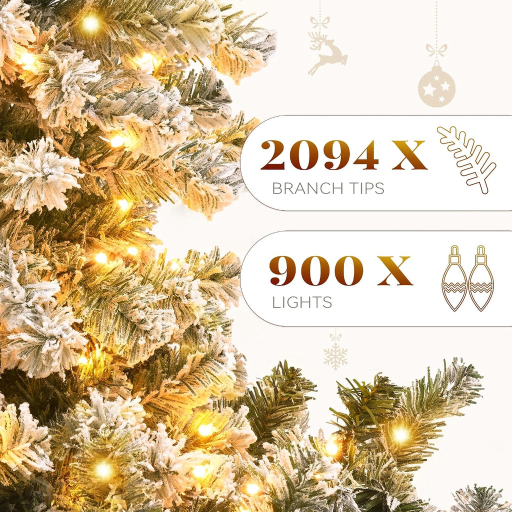 Prelit Snow Flocked Artificial Full Christmas Tree with Remote Control, Christmas Pine Tree with 11 Light-Modes