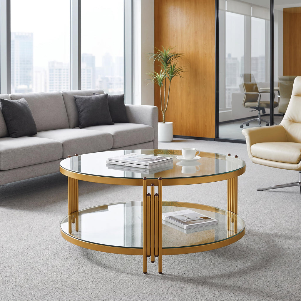 36" Round Glass Coffee Table, Gold Circle Coffee Table with Storage