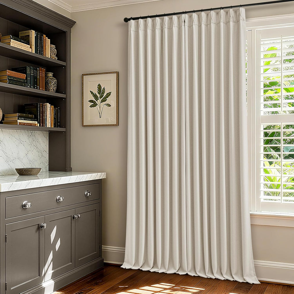 90 Inch Pinch Pleated Blackout Linen Curtains for Bedroom 2 Panels Memory Trained 100% Black Out Soundproof Room