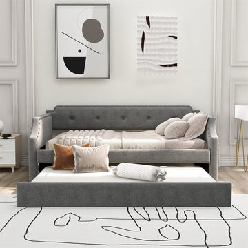 Twin Daybed with Trundle, Upholstered Daybed with Trundle, Twin Size Trundle Daybed Sofa Bed Living Room, No Box