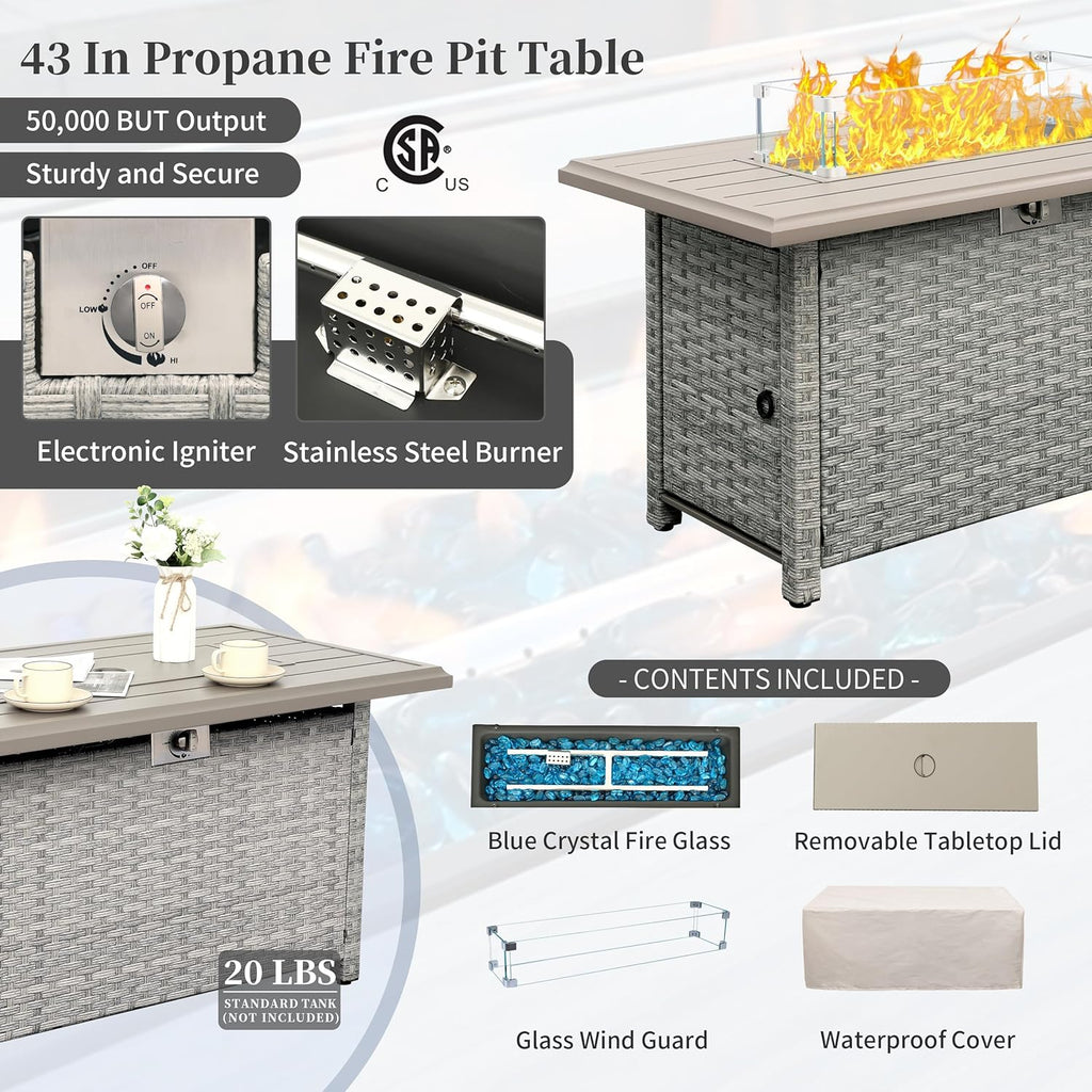 Patio Furniture Set 6 Piece PE Rattan Outdoor Conversation Sets Grey Wicker Couch Sectional Sofa with Fire Pit