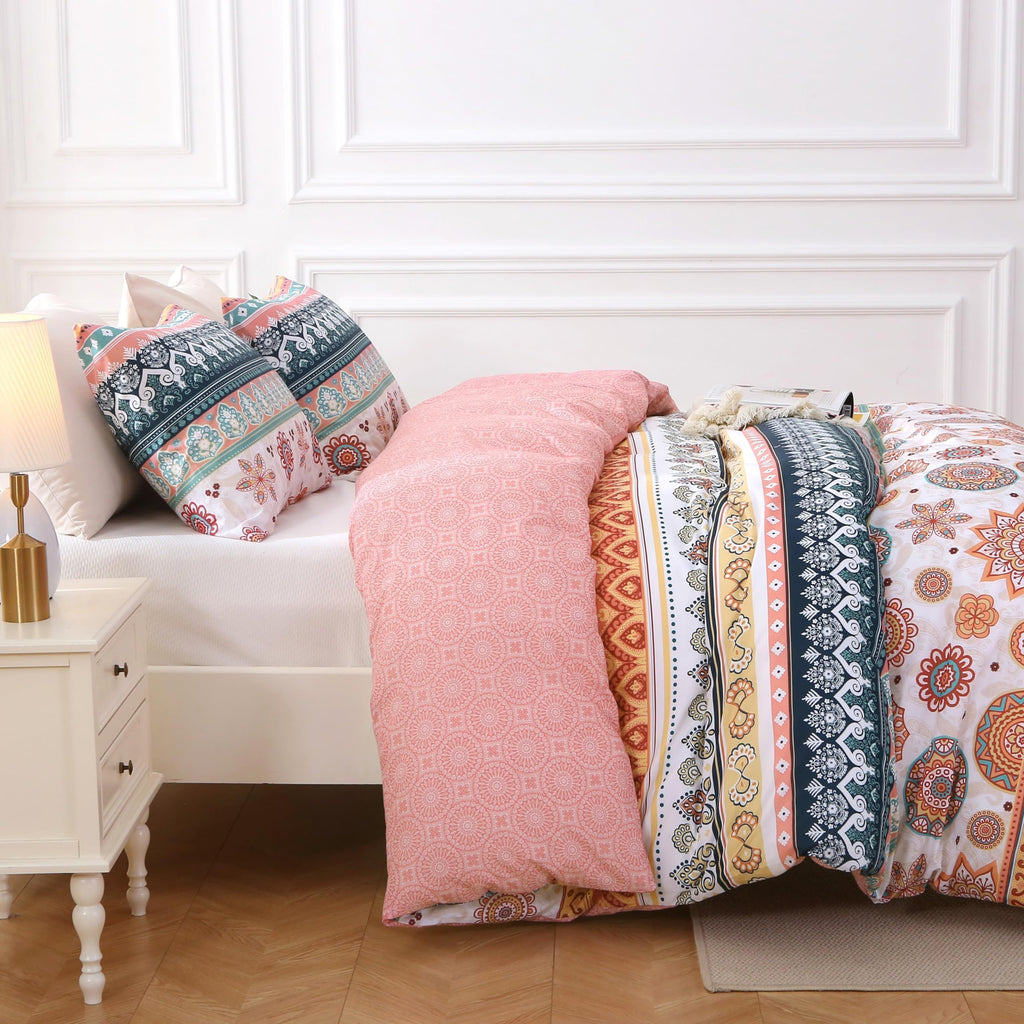 Duvet Cover Queen Size, 3-Piece Floral Boho Bedding Set