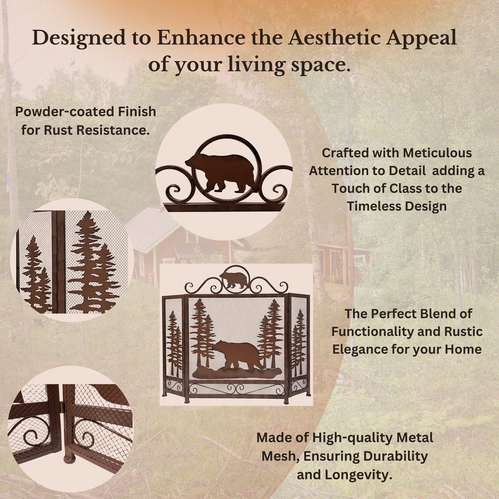 Bear in Forest Metal Fireplace Screen Lodge Cabin