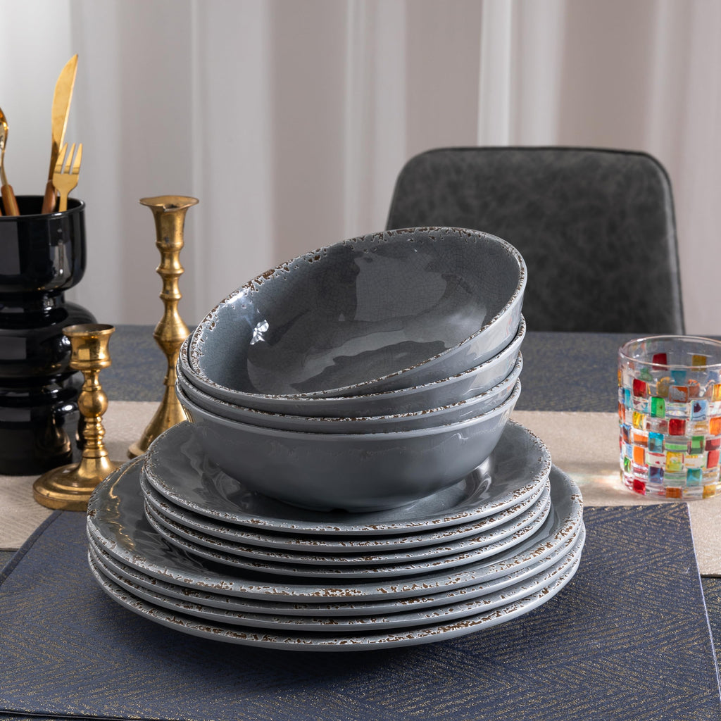 12 Pcs Vintage Melamine Dinnerware Set, Durable Plate and Bowl set