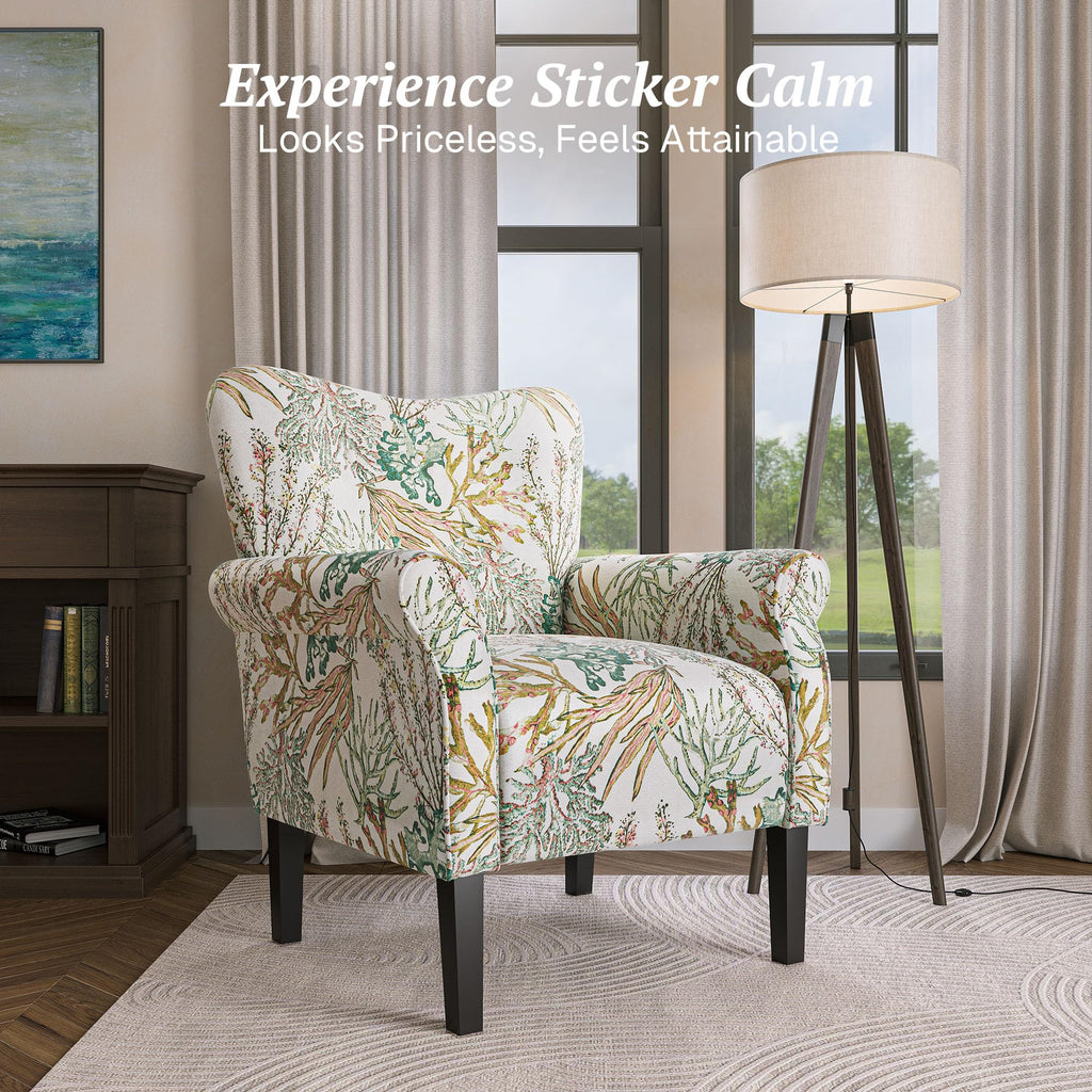 Modern Accent Chair, High Back Linen Armchair with Wooden Legs, Upholstered Wingback Side Chair Padded Armrest