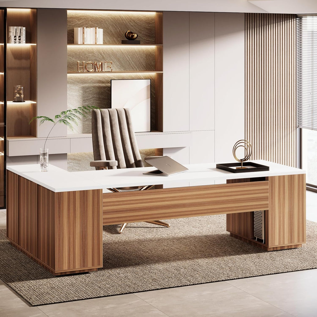 85.8-Inch L-Shaped Executive Office Desk with File Drawers & Storage Cabinet