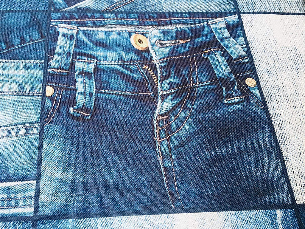 Denim Effect Fabric for Interior Decoration, Curtains - Blue Patchwork Cotton Material - Digital Print Canvas - 55''