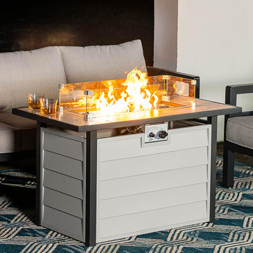 43'' Patio Propane Fire Pit Table, 50, 000 BTU Gas Fire Pit with Marble-Textured Glass Top, Wind Guard, Lid, Glass