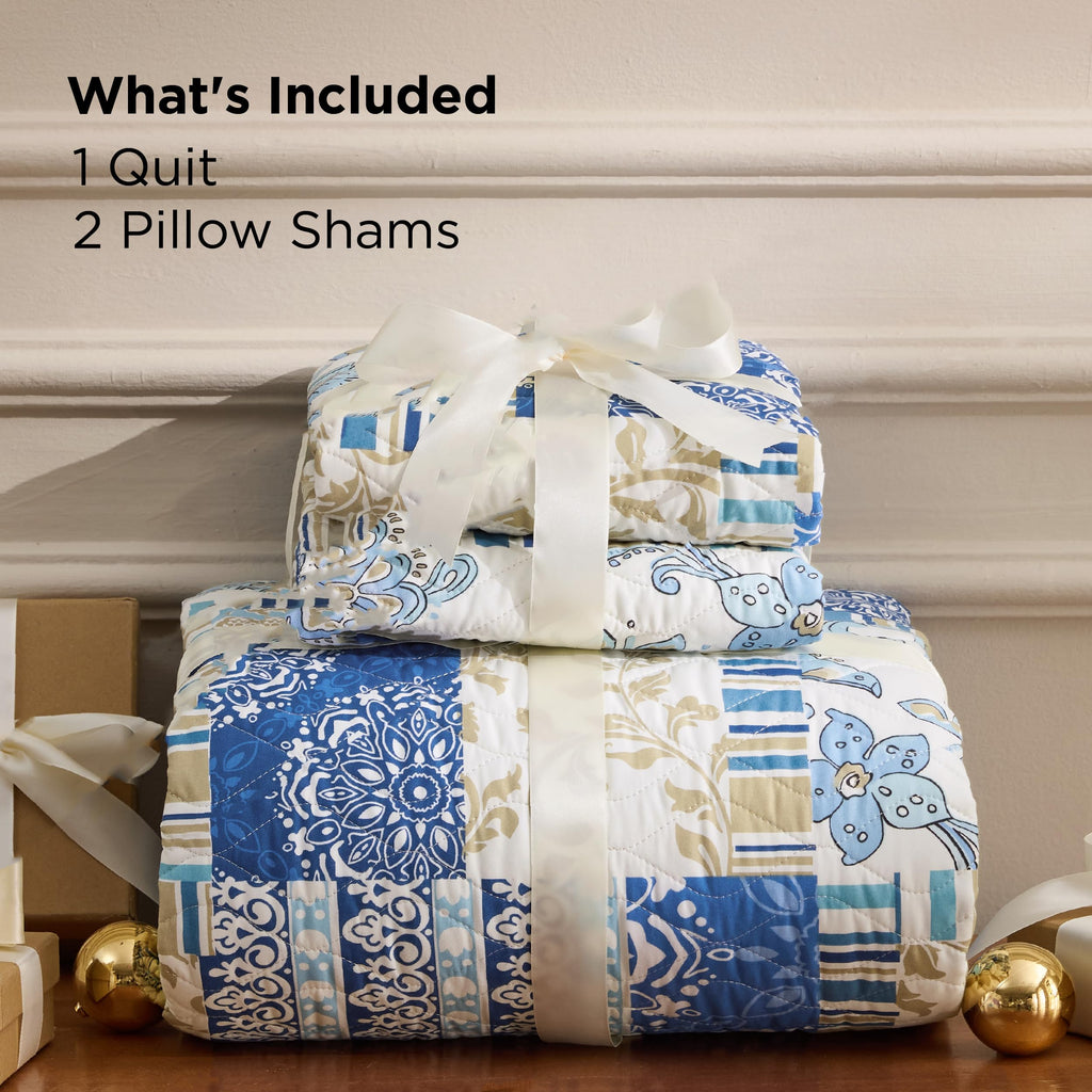 Patchwork Quilt, Reversible Boho Comforter Bedding, Blue