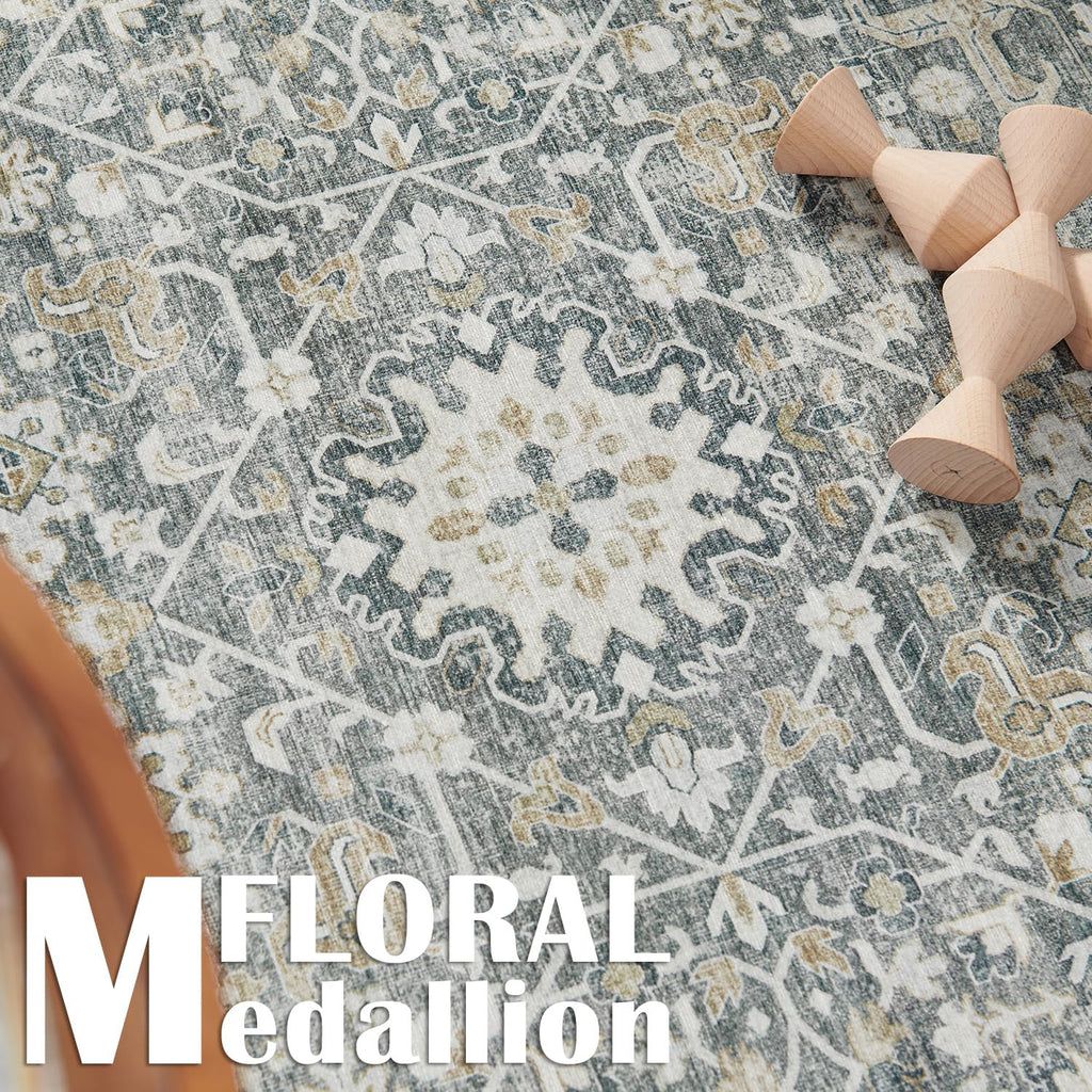 Vintage Floral Area Rug, Washable Non Slip, Gray Multi