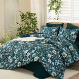 Luxudecor Queen Floral Comforter Set 7 Pieces,Teal Floral Comforter with Sheet Set,Flowers Leaves Pattern Bed in a