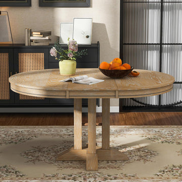 Mid-Century Modern Functional Extendable Round Dining Table with 14" Leaf,Oval Extendable Wooden Dining Table